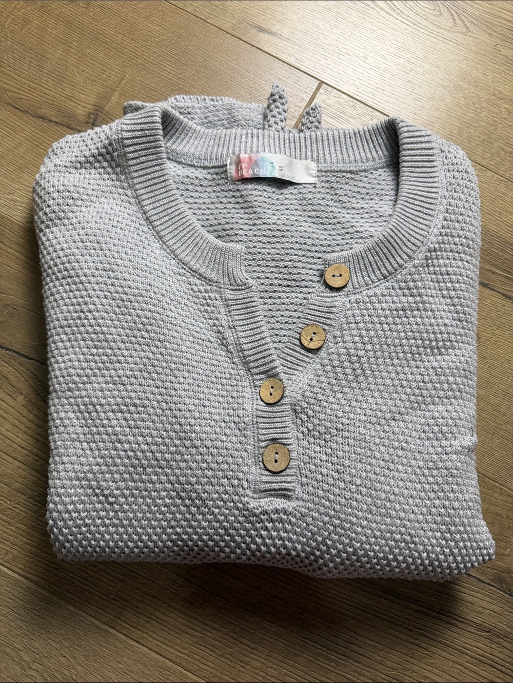 Free People Light Gray Knit Henley V-Neck Sweater with Wooden Buttons